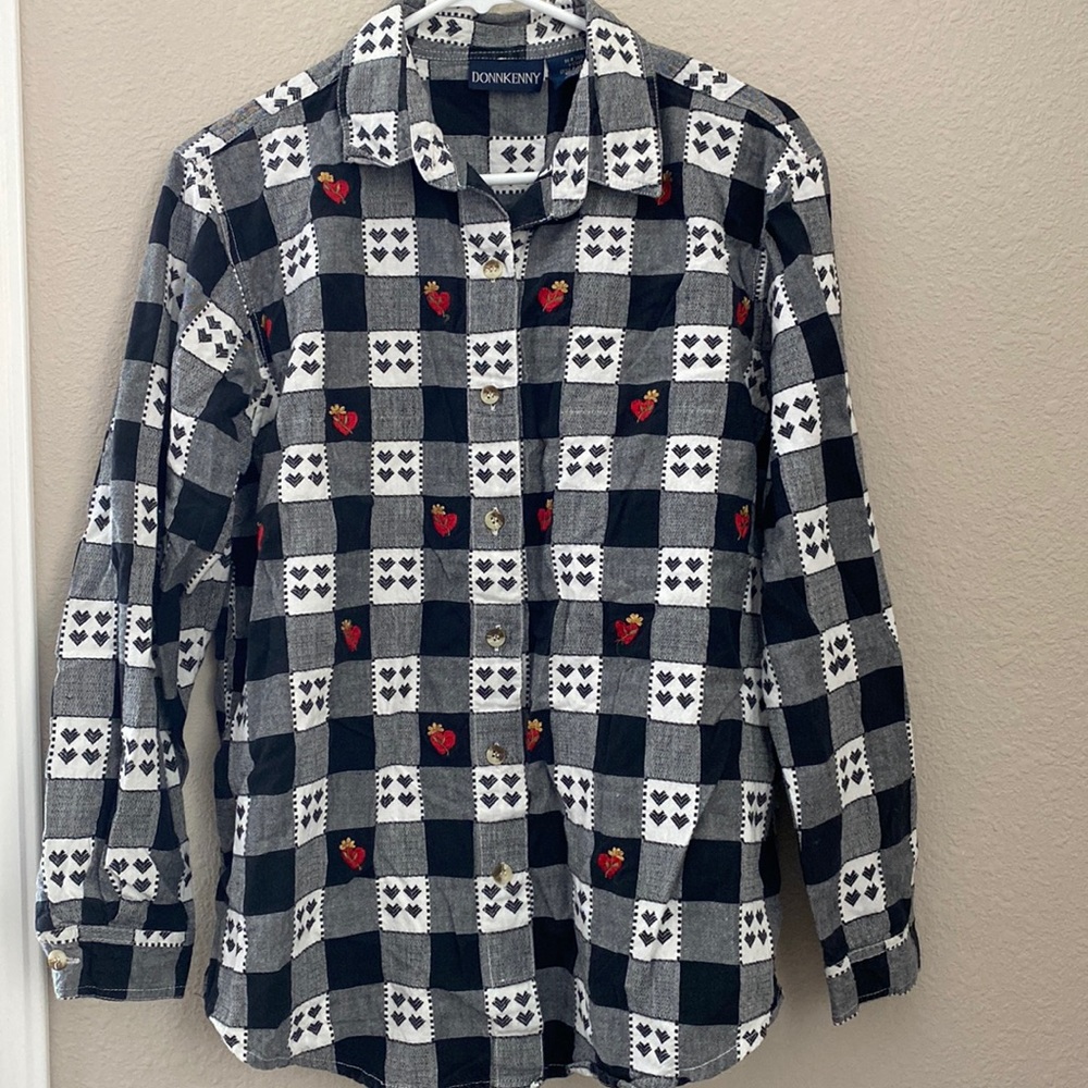 Vintage Donnkenny Women's Black White Long Sleeve Button Up Shirt Size: Large